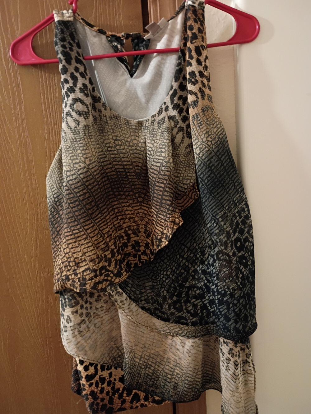Roz & Ali Sleeveless Ruffle Animal Print Top - Beige, Black